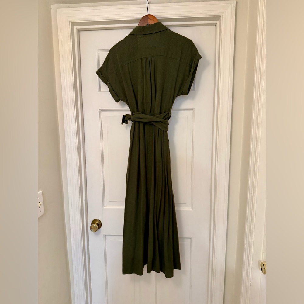 ZARA Olive Green Midi Shirt Dress with Button Front and Tie Belt Size XS - Picture 5 of 6